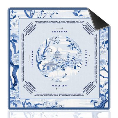 Blue Chinoiserie Pavilion Mahjong Mat with Rules for Table 31.5x31.5, Traditional Chinese Non-Slip Noise Reduction Mahjong Table Mat for Poker Board Games Card Games Dominoes, Chinoiserie Decor