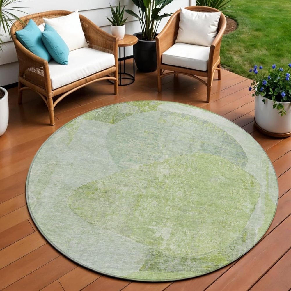 HomeRoots 615682 8 ft. Artichoke Green & Mint Green Round Abstract Washable Indoor & Outdoor Area Rug