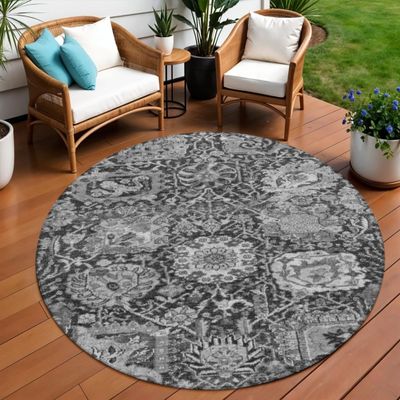 HomeRoots 609074 8 ft. Gray & Ash Gray Round Damask Washable Indoor & Outdoor Area Rug