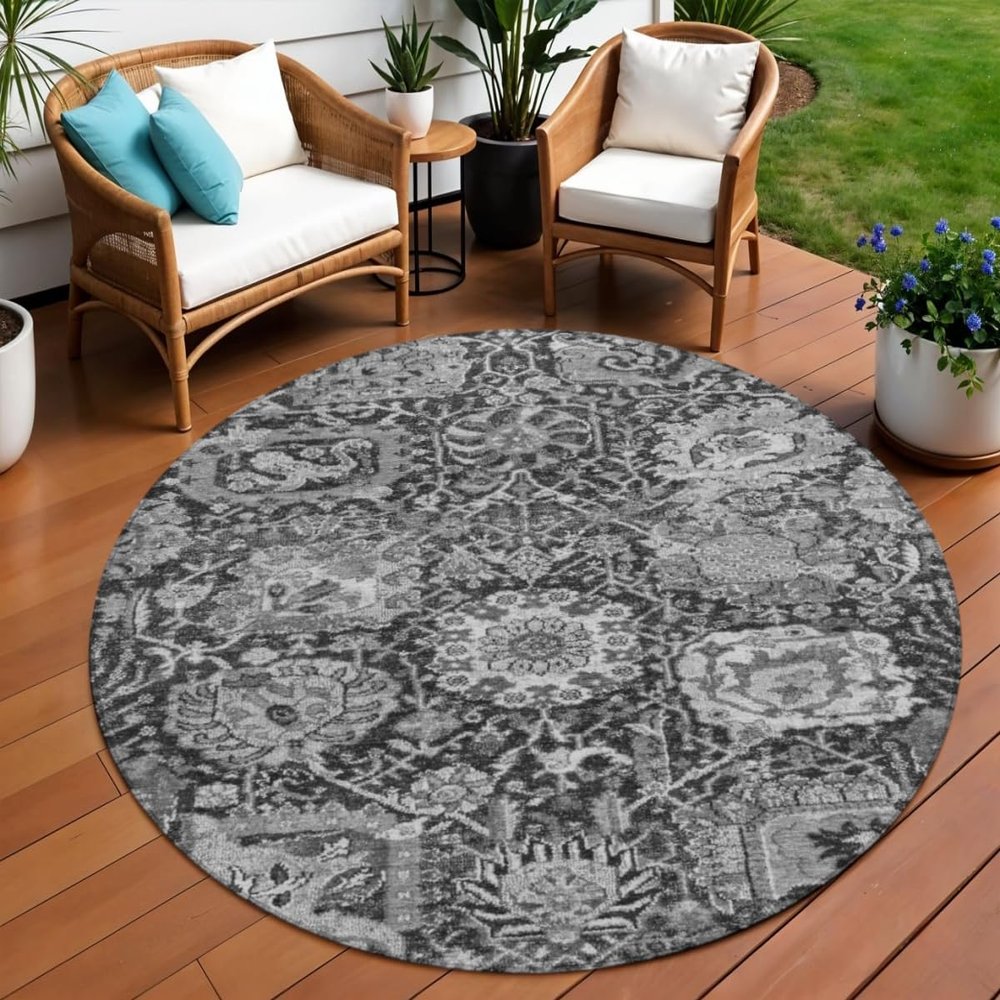 HomeRoots 609074 8 ft. Gray & Ash Gray Round Damask Washable Indoor & Outdoor Area Rug