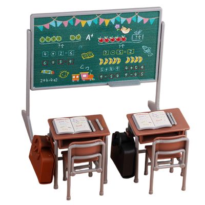 13Pcs Miniature Dollhouse School Supplies Set, Mini Classroom Furniture Desk Chair Blackboard Schoolbag Accessories, Tiny Doll School Stuff Playset for Learning Role Play, Brown