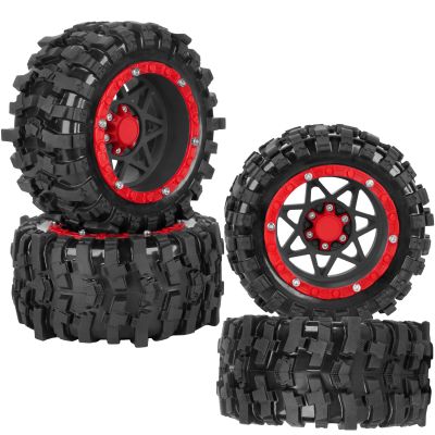 1/16 RC Wheels and Tires 4PCS, RCHuiWow 12mm Hex Plastic Rim Tires Set for 1/16 M-J-X16207-210,H-B-X16889-890,S-C-Y16101-106,Summit E-Revo Gorgon Grom,Mini Kraton 3S RC Truck Upgrades,Black&Red