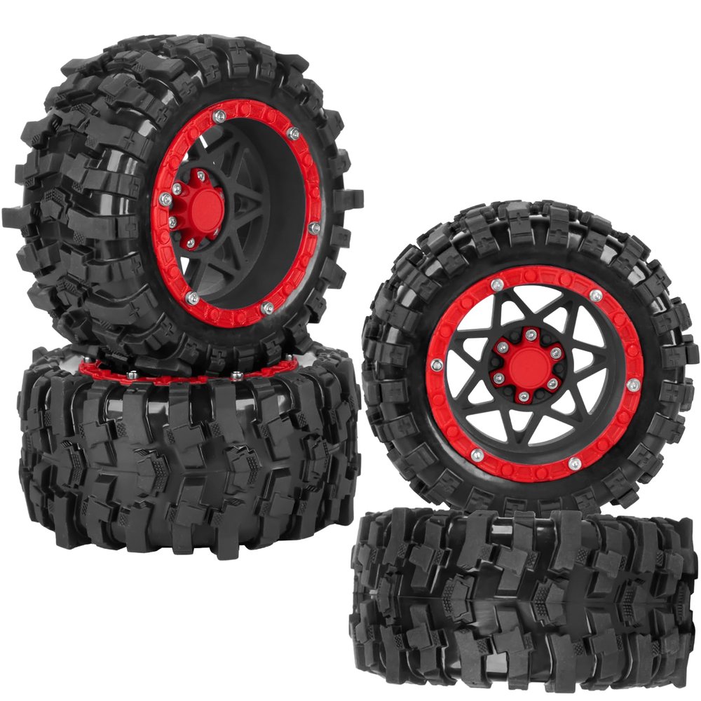 1/16 RC Wheels and Tires 4PCS, RCHuiWow 12mm Hex Plastic Rim Tires Set for 1/16 M-J-X16207-210,H-B-X16889-890,S-C-Y16101-106,Summit E-Revo Gorgon Grom,Mini Kraton 3S RC Truck Upgrades,Black&Red
