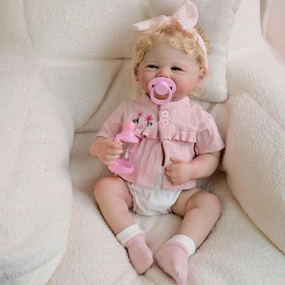 ROSHUAN 20 Inch Full Silicone Realistic Reborn Baby Doll Lifelike Full Vinyl Dolls Reborn Baby Girl Newborn Babies Toy Pink Clothes Headband that Look Real Life Baby Doll Babe Toys Birthday Gifts