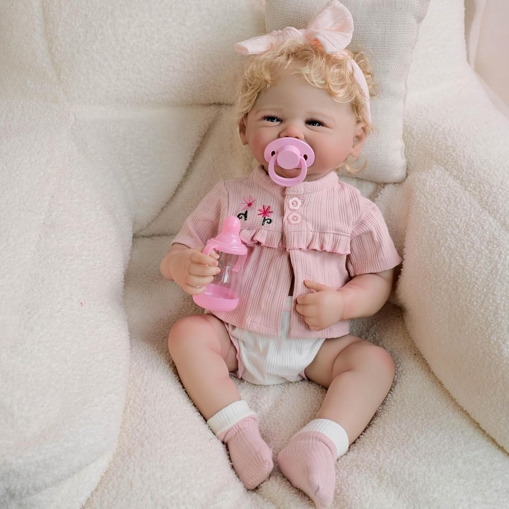 ROSHUAN 20 Inch Full Silicone Realistic Reborn Baby Doll Lifelike Full Vinyl Dolls Reborn Baby Girl Newborn Babies Toy Pink Clothes Headband that Look Real Life Baby Doll Babe Toys Birthday Gifts