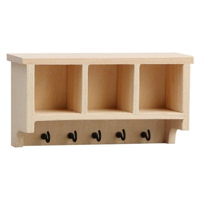1:12 Scale Dollhouse Miniature Wall Shelf with Hooks, Modern Minimalist Unfinished Wood Hanging Rack, Dollhouse Furniture & Miniature Accessories for DIY Mini Scene Decor