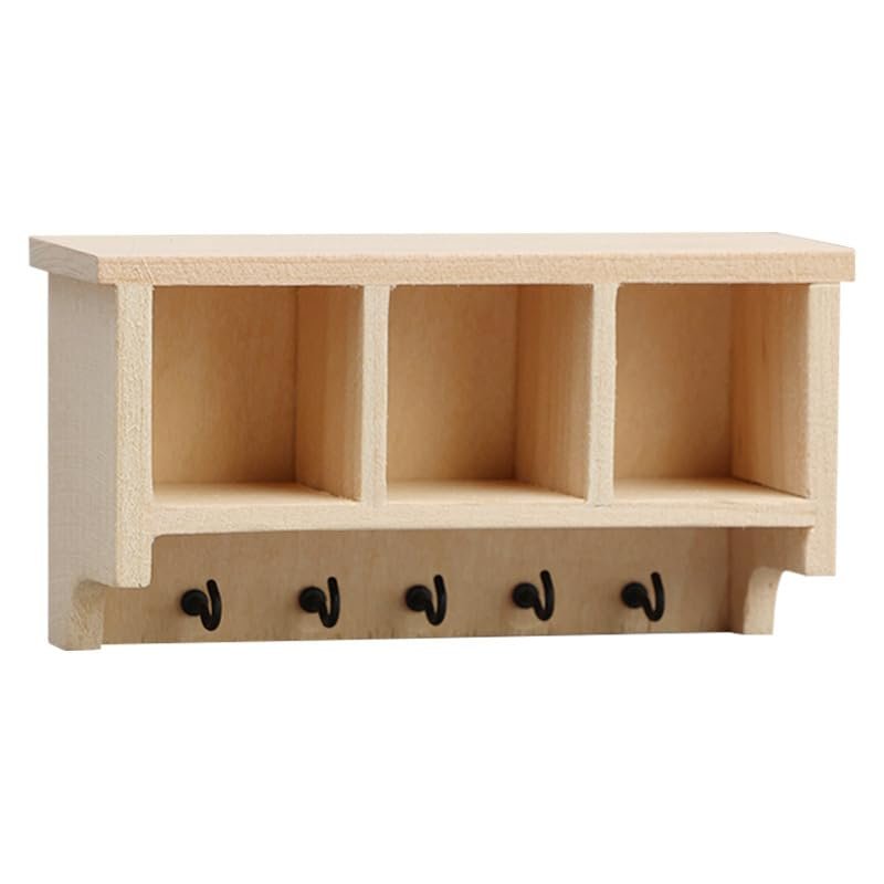 1:12 Scale Dollhouse Miniature Wall Shelf with Hooks, Modern Minimalist Unfinished Wood Hanging Rack, Dollhouse Furniture & Miniature Accessories for DIY Mini Scene Decor
