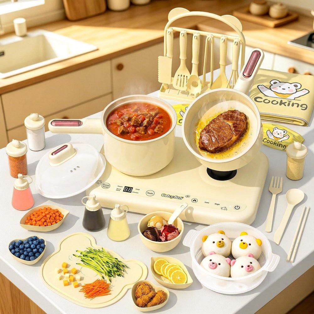 Gotoofun Kids Cooking Sets Real Electric Dual Stove Montessori Mini Kitchen for Real Food Making Safe Utensils, Apron & Cookware - Great for Pretend Play Learning