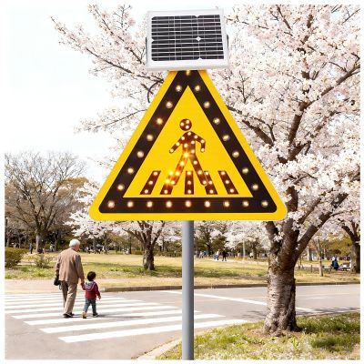 30" Solar Powered LED Pedestrian Crossing Sign - Heavy Aluminum Traffic Sign with Flashing Lights & Reflective Warning for Safe Street Crossings