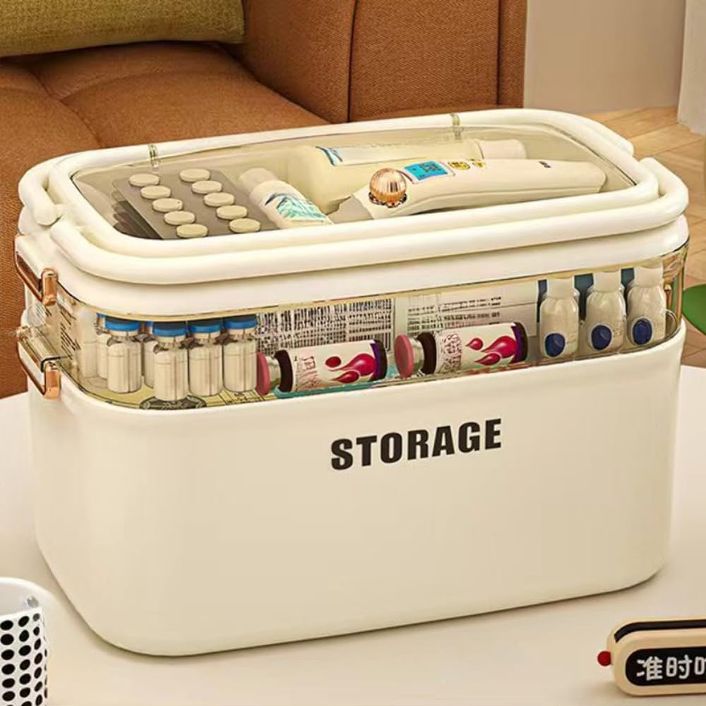 Home Travel Medicine Storage Box,Portable Medicine Cabinet First Aid Kit with Secure Handles,Multipurpose Medical Box for Pill Organization Vitamins Supplements (Cream White,15.288.8610.63inch)
