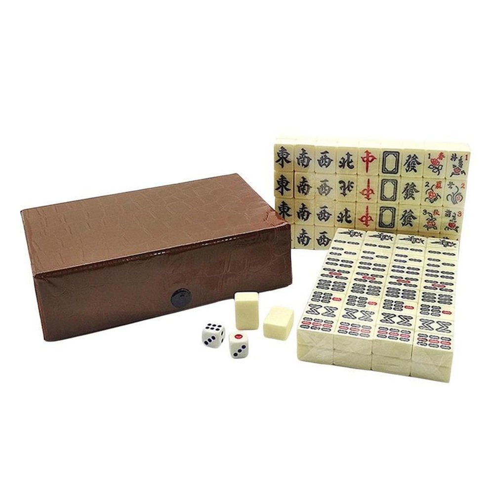 Storqen Mini Chinese Mahjong Game Set Complete Majiang Set with 144 Tiles Mah-Jongg Set Family Gathering Playing Game for Family Party