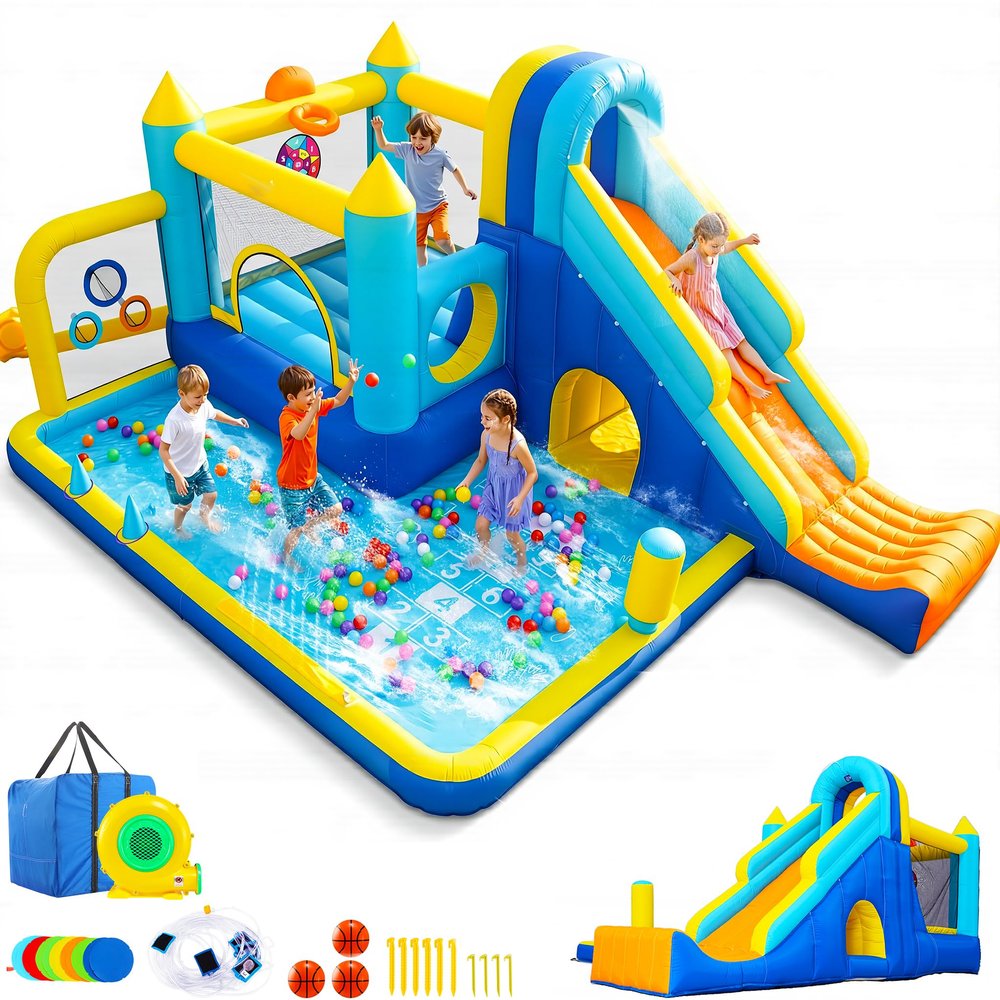 AKEYDIY Bounce House, 15-in-1 Inflatable Water Slides Bounce Castle w/Blower for Kids 3-12, Blow Up Jumping Bouncer w/Slide, Splash Pool, Climbing Wall, Ball Pit Pool for Indoor Outdoor (15-in-1)