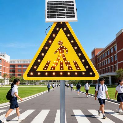 24" 30" Solar Powered LED Pedestrian Crossing Sign - Aluminum Traffic Warning Sign with Flashing Lights for Enhanced Street Safety and Visibility