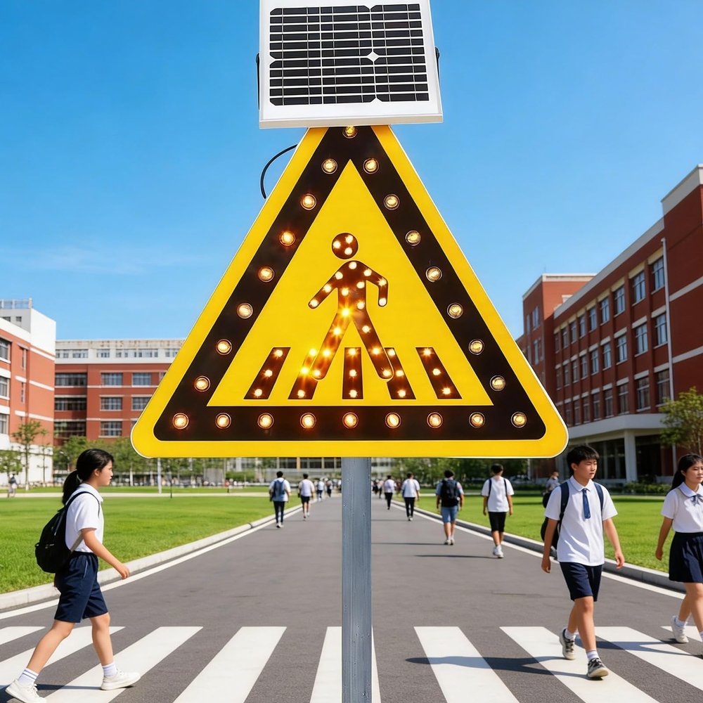24" 30" Solar Powered LED Pedestrian Crossing Sign - Aluminum Traffic Warning Sign with Flashing Lights for Enhanced Street Safety and Visibility