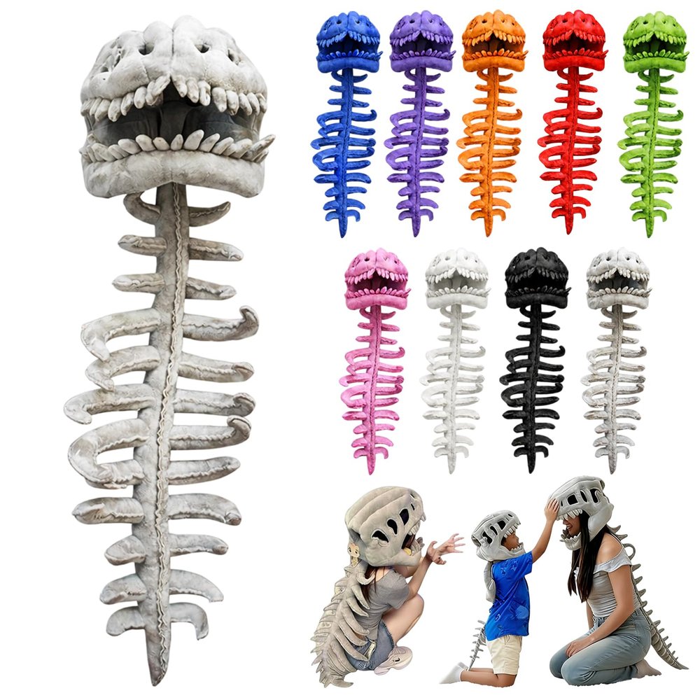 2026 New Dinosaur Skeleton Costume, 3D Spinosaurus Skull Mask & Plush Spine, for Dress-Up Play (Gray,47 in)