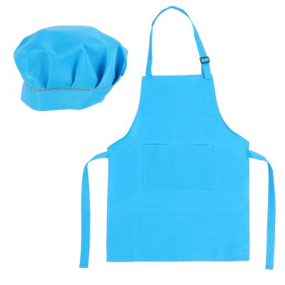 Classicseali Kids Apron and Chef Hat Set,Adjustable Blue Chef Apron for Kids with 2 Pockets, Kid Aprons for Girls and Boys, for Cooking Baking