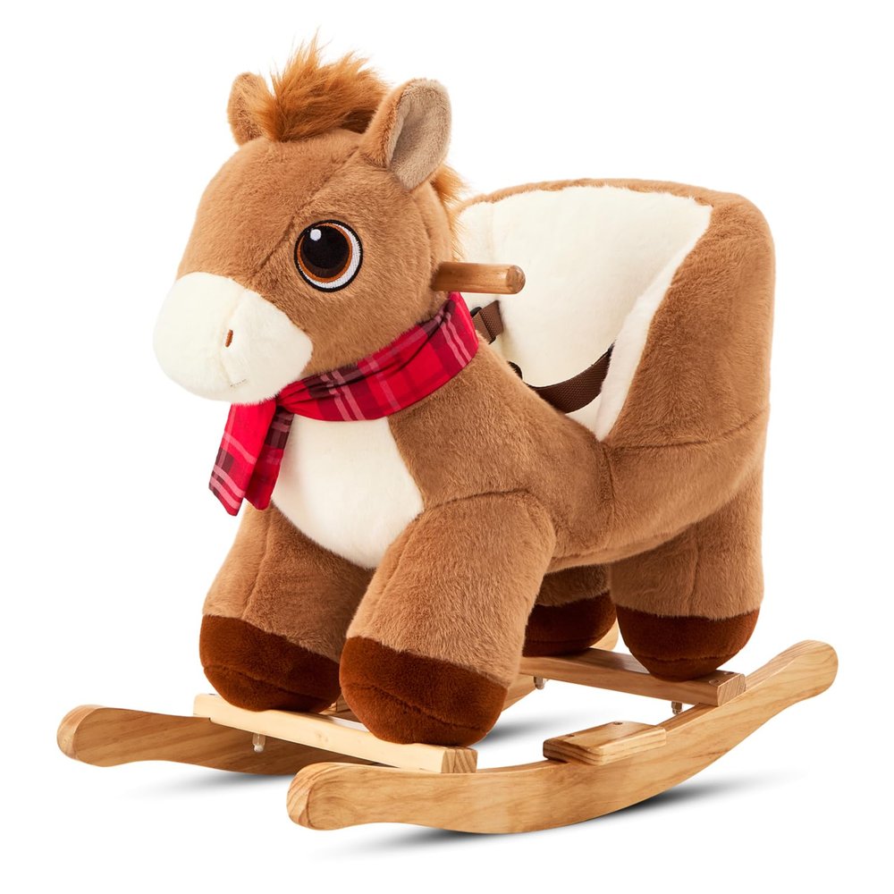 FUNLIO Pony Rocking Horse for Toddlers 6 Months to 3 Years, Cute Baby Rocking Horse with Safety Belt, Stuffed Plush Ride on Horse, Easy to Assemble Baby Rocker, Nursery, CPC & CE Certified - Brown