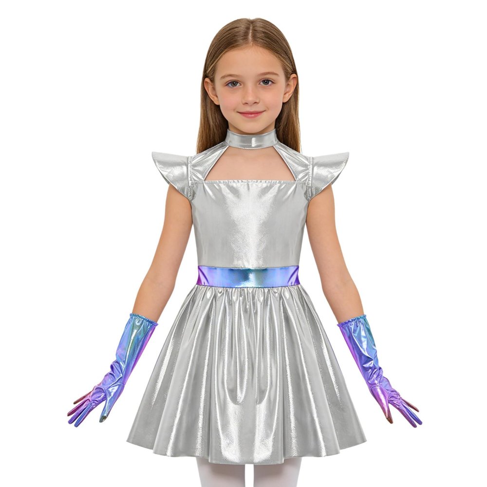 Manyakai Kids Shiny Robot Outfits Girls Fly Sleeve Back Invisible Zipper Dress Metallic Alien Combat Suit Silver 8 Years