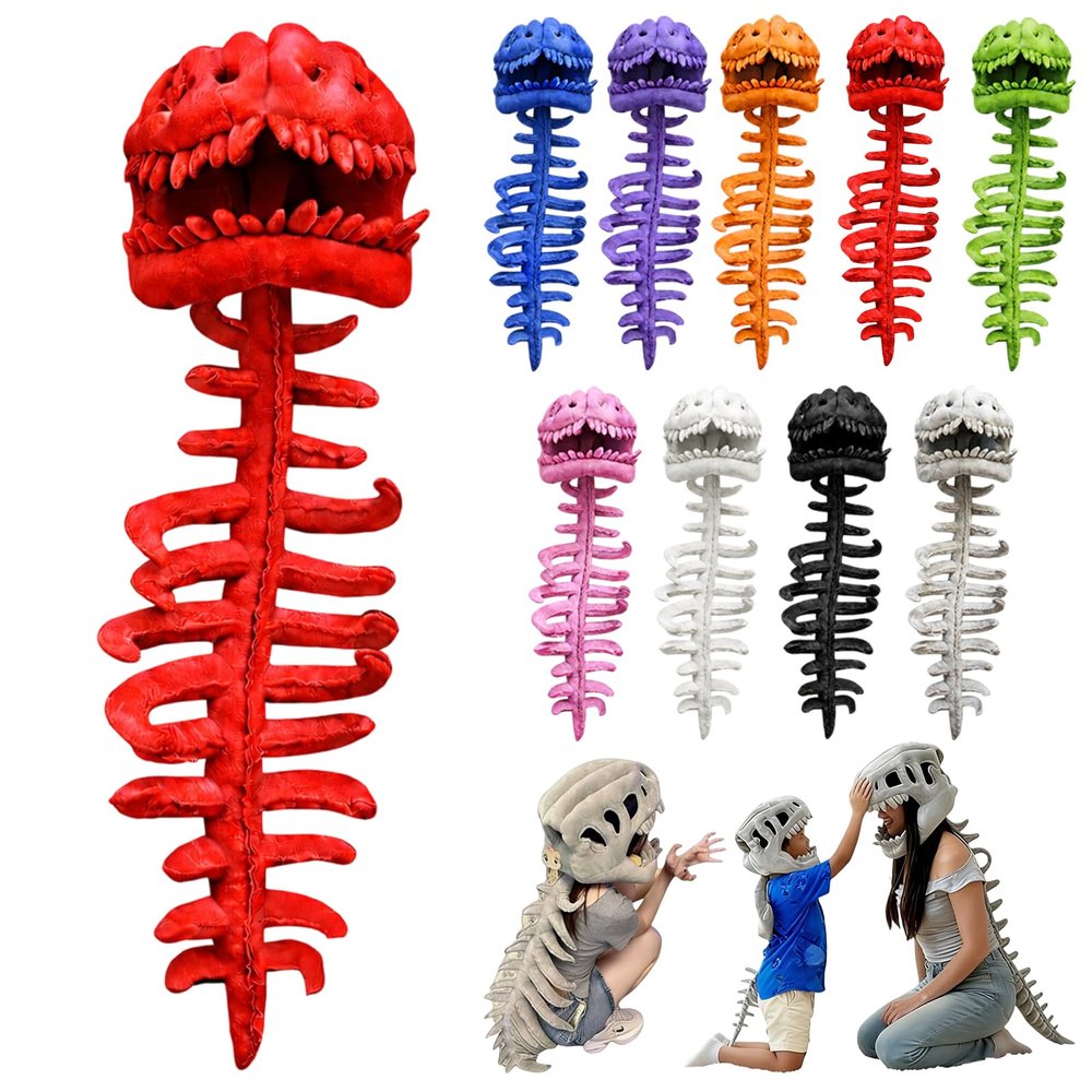 2026 New Dinosaur Skeleton Costume, 3D Spinosaurus Skull Mask & Plush Spine, for Dress-Up Play (Red,31 in)