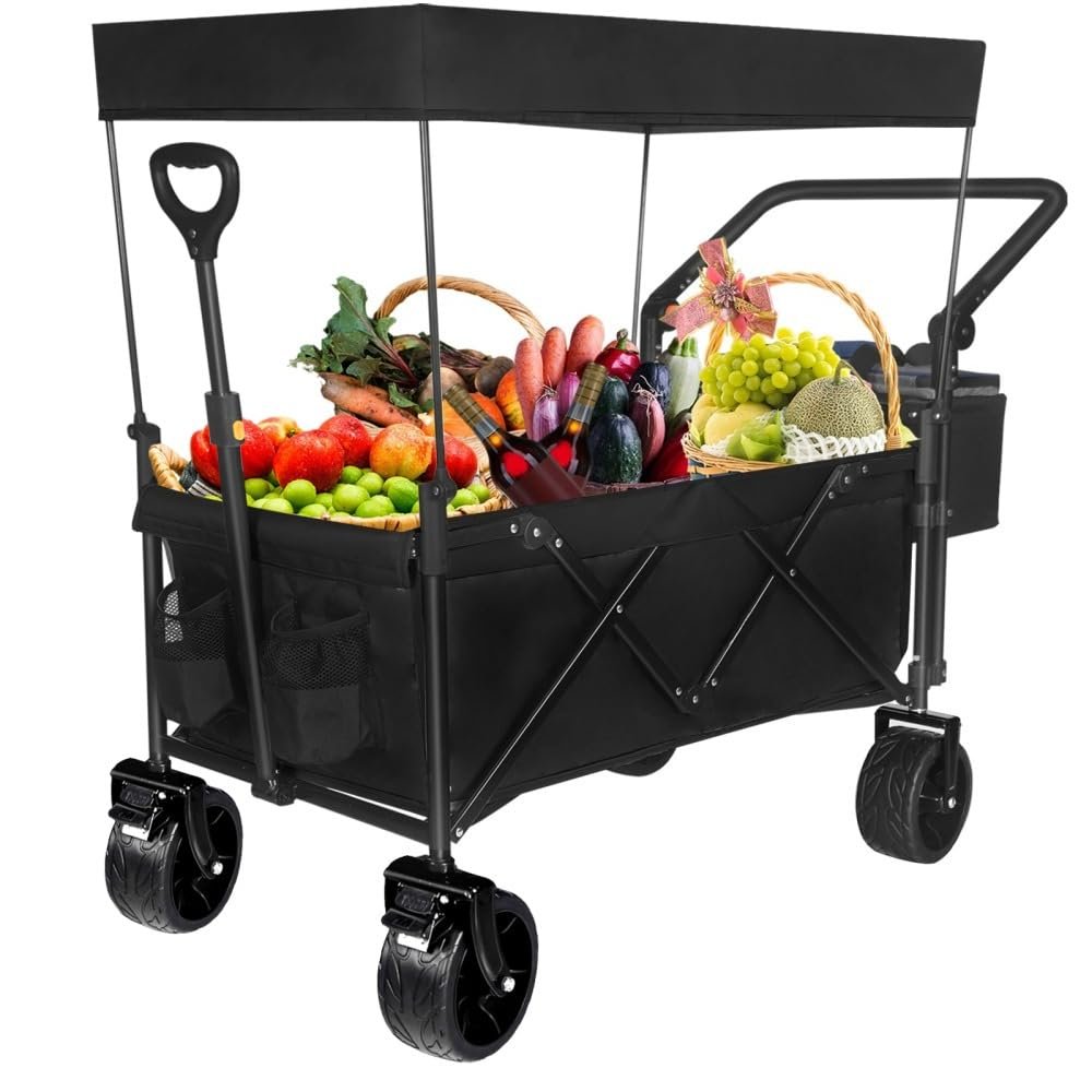 Foldable Wagon Cart with Removable Canopy, All-Terrain Heavy-Duty Collapsible Wagon for Camping, Beach, Garden & Shopping