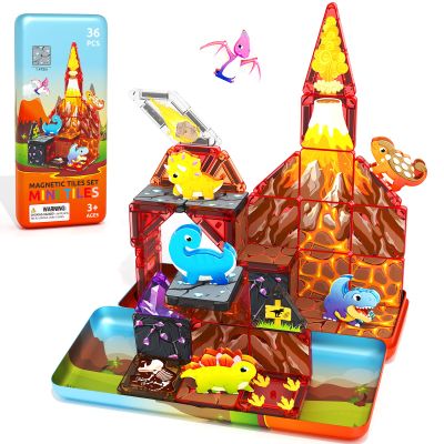 Minecftoy 36PCS Mini Magnetic Tiles Dinosaur Kids Toys with Case - Toddler Travel Essentials Outdoor Set, Magnetic Blocks Montessori Preschool Sensory Building Toys for 3 4 5 Year Old Boys