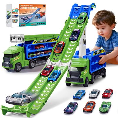 Race Track Truck Toys for 3 4 5 6 Years Old Kids - Carrier Truck Transport Car with 6 Die-Cast Cars Toys, 4-in-1 Truck with 2 Foldable Race Tracks, Christmas Birthday Gifts Toy for Toddler Boys, Cyan