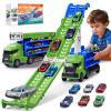 Race Track Truck Toys for 3 4 5 6 Years Old Kids - Carrier Truck Transport Car with 6 Die-Cast Cars Toys, 4-in-1 Truck with 2 Foldable Race Tracks, Christmas Birthday Gifts Toy for Toddler Boys, Cyan view 1