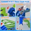 Race Track Truck Toys for 3 4 5 6 Years Old Kids - Carrier Truck Transport Car with 6 Die-Cast Cars Toys, 4-in-1 Truck with 2 Foldable Race Tracks, Christmas Birthday Gifts Toy for Toddler Boys, Cyan view 3
