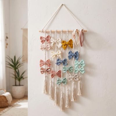 Boho Macrame Hair Bow Holder - Handmade Wall Hanging Organizer for Baby Girls Headbands, Hair Clips & Bows - Large Bohemian Nursery Decor Storage for Toddler Hair Accessories (Bows Not Included)