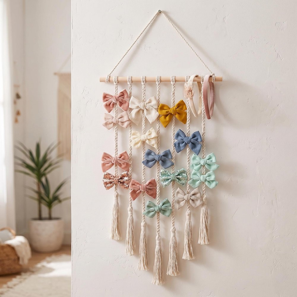 Boho Macrame Hair Bow Holder - Handmade Wall Hanging Organizer for Baby Girls Headbands, Hair Clips & Bows - Large Bohemian Nursery Decor Storage for Toddler Hair Accessories (Bows Not Included)