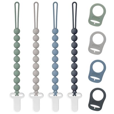 Pacifier Clips Silicone, 4-Pack Pacifier Holder Clip with Stylish Round Design and Adapter Ring for MAM Dummy, 100% Food Grade Silicone, Safe Essentials for Newborns Baby Boys and Girls