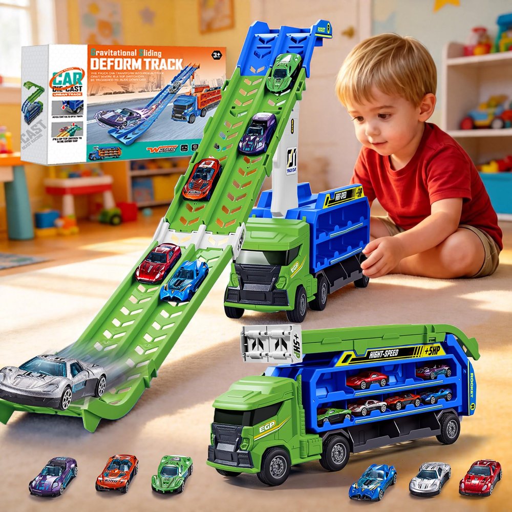 Race Track Truck Toy for Kids Age 3-5 - 4-in-1 Car Carrier Truck with 2 Foldable Race Tracks, Transport Vehicle Playset with 6 Die-Cast Cars, Gift Toys for Toddler Boys(Vivid Green)