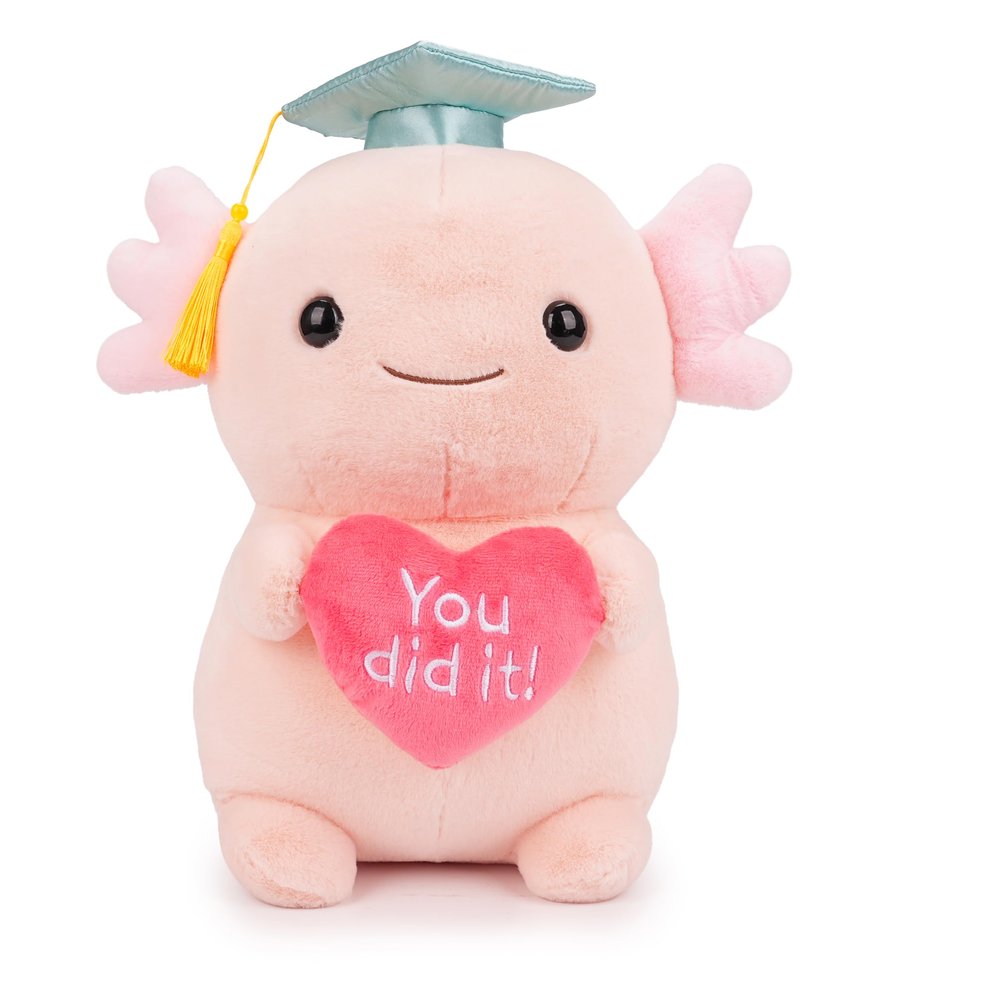 WEIGEDU Graduation Axolotl Stuffed Animal Plush Toy, 13 Inch, Pink