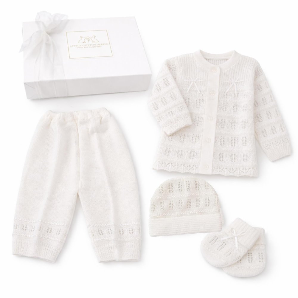 03M Newborn Outfit Handmade Knit 4-Piece Baby Set Hospital Take Home Clothes Premium Baby Gift- Christening Baptism clothes - First Outfit for Newborn Boy Girl- White 812 lbs