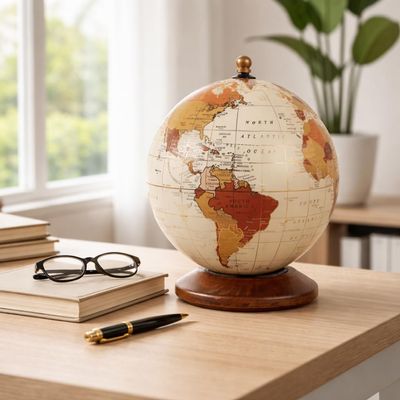 Decorative Wood Globe for Home Decor - Desktop Globe with Wood Base for Office or Living Room Decor - Transitional Ornament Accent for Shelf or Coffee Table Styling - 10", Bronze & White