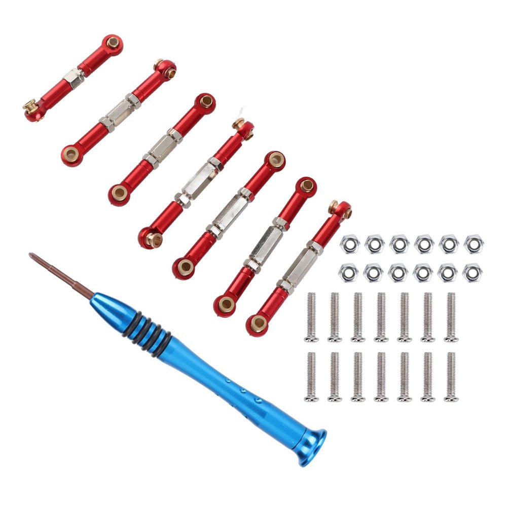 7pcs RC Car Metal Pull Rod Set, Metal Servo Linkage Rods for 144001 1/14 Scale RC Car, Includes Screwdriver and Accessory Bag, Red and Blue Options (Red)