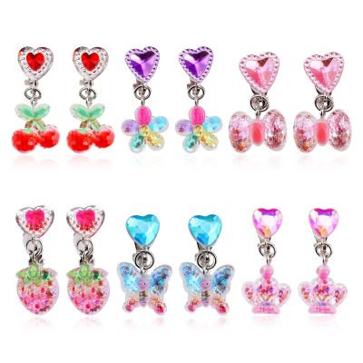 6 Pairs Colorful Clip on Drop Earring, Resin No Pierced Kid Earring Butterfly Strawberry Flower Cherry Crown Ear Jewelry for Party Daily Dress Up