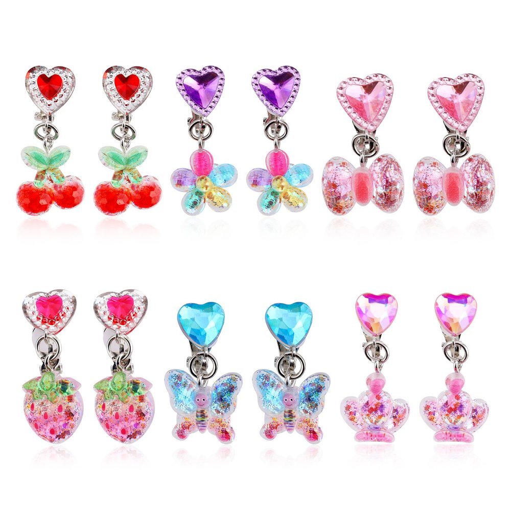 6 Pairs Colorful Clip on Drop Earring, Resin No Pierced Kid Earring Butterfly Strawberry Flower Cherry Crown Ear Jewelry for Party Daily Dress Up
