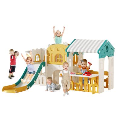 Kids Playhouse Playground Playsets Outdoor Playhouse 10 in 1 Toddler Slide with Rock Climber with Basketball, Hoop, Storage, Playroom Upgraded