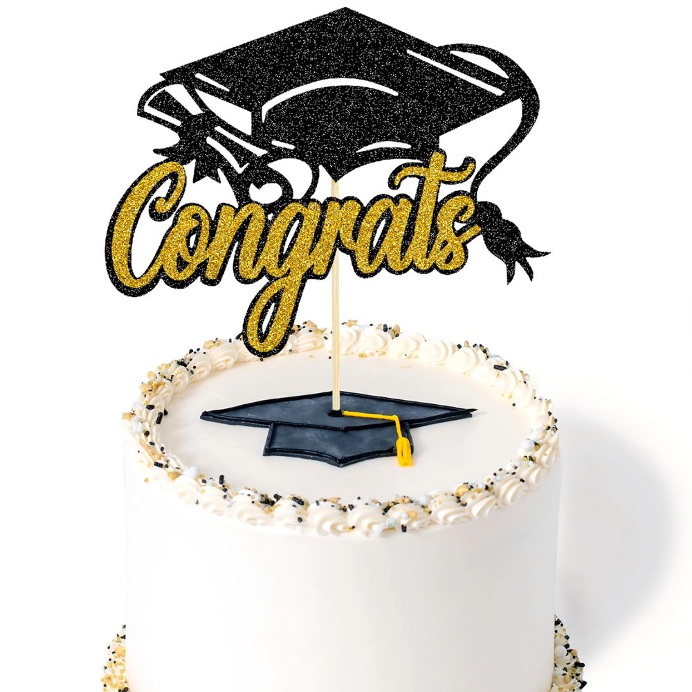 UXYOKM 1 Pack Graduation Cake Topper 2026 Glitter Congrats Graduation Decorations Cake Pick for Senior High School College - Black Gold