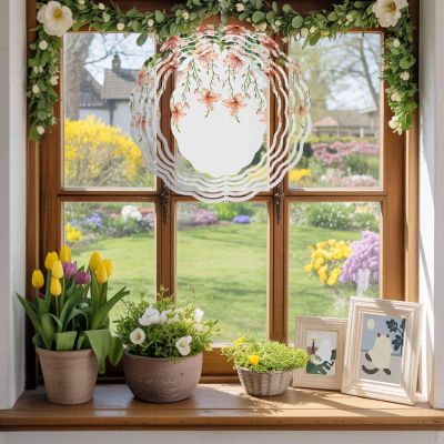 Spring Watercolor Flower Green Leaves Round Wind Spinner 8", 3D Stainless Steel Wind Spinners for Yard and Garden Weeping Vine Floral on White Indoor Outdoor Metal Hanging Craft Ornaments for Porch