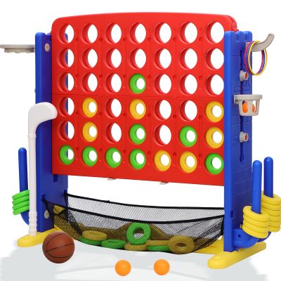 HAPPYMATY Giant 4-in-A Row Connect Game Set, Height Adjust Jumbo Yard Game for Kids & Adults w/Mesh Catching Bag, Basketball Hoop, Ring Toss & Mini Golf, Family Party 4-to-Score Indoor/Outdoor Games