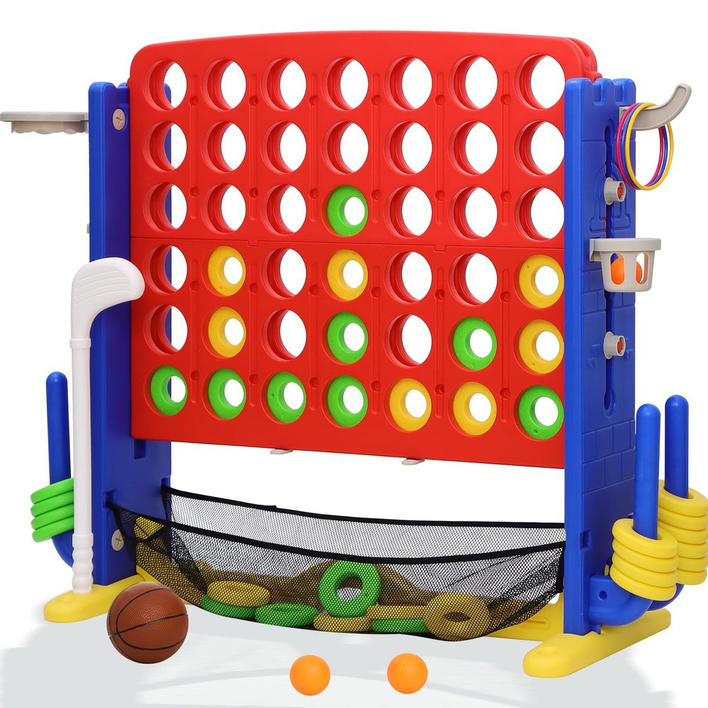 HAPPYMATY Giant 4-in-A Row Connect Game Set, Height Adjust Jumbo Yard Game for Kids & Adults w/Mesh Catching Bag, Basketball Hoop, Ring Toss & Mini Golf, Family Party 4-to-Score Indoor/Outdoor Games