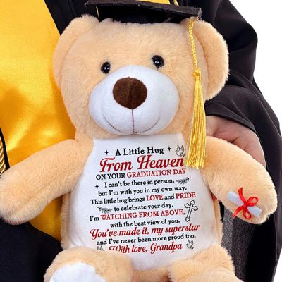 A Little Hug from Heaven on Your Graduation Day, Personalized Memorial Graduation Teddy Bear, Heaven Message Graduation Teddy Bear from Grandma Grandpa, Sympathy Graduation Gifts for Loss of Loved One
