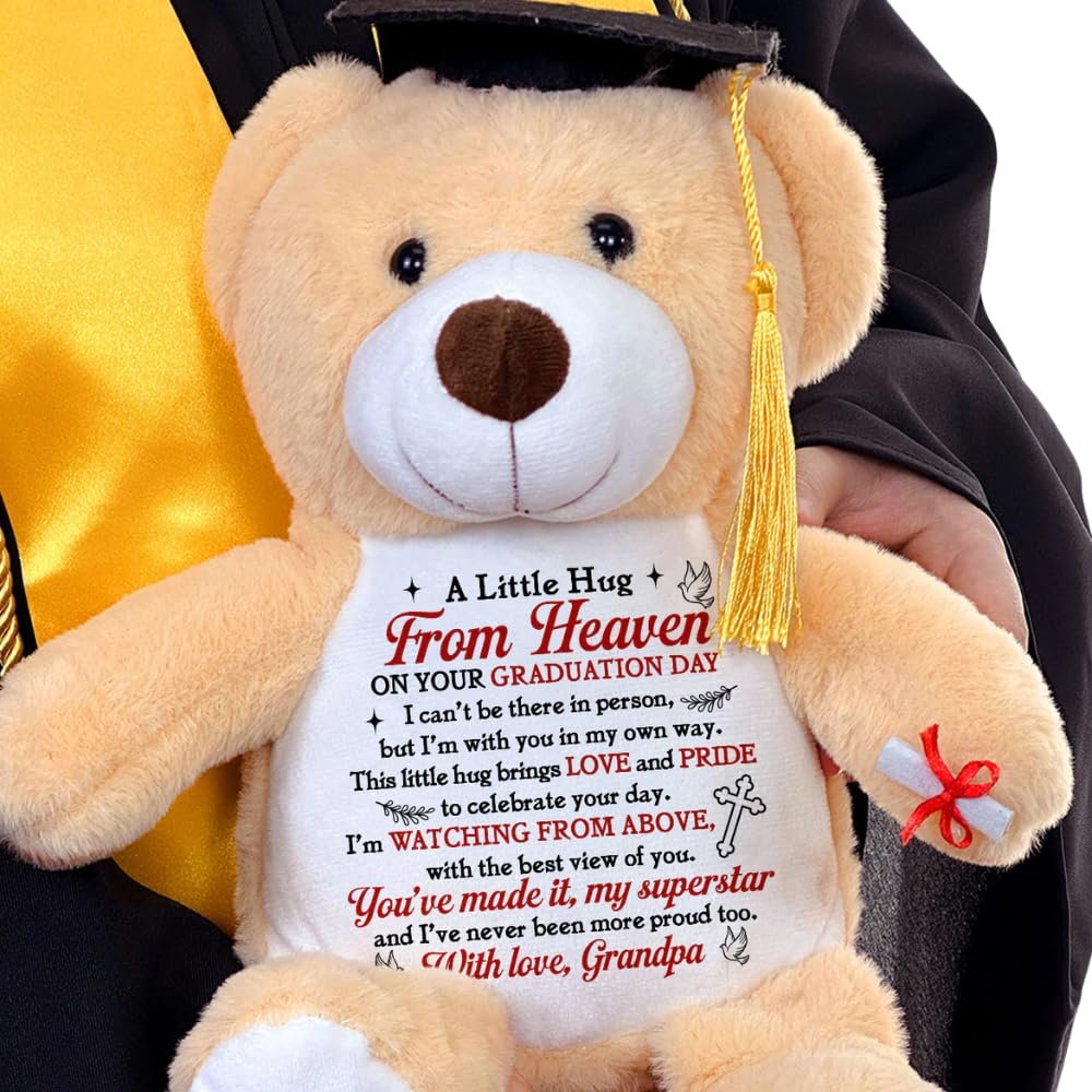 A Little Hug from Heaven on Your Graduation Day, Personalized Memorial Graduation Teddy Bear, Heaven Message Graduation Teddy Bear from Grandma Grandpa, Sympathy Graduation Gifts for Loss of Loved One