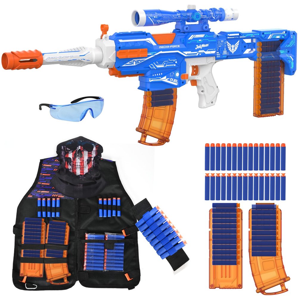Automatic Soft Dart Blaster with Tactical Vest, 150 Darts, Scope, Dual Fire Modes | Rechargeable Electric Blaster for Kids 8-12, Birthday Gifts, Mecha-Force Blue