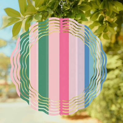 Abstract Watercolor Vertical Lines Round Wind Spinner 10", 3D Stainless Steel Wind Spinners for Yard and Garden Pink Green Blue Stripes Indoor Outdoor Metal Hanging Craft Ornaments for Porch Lawn
