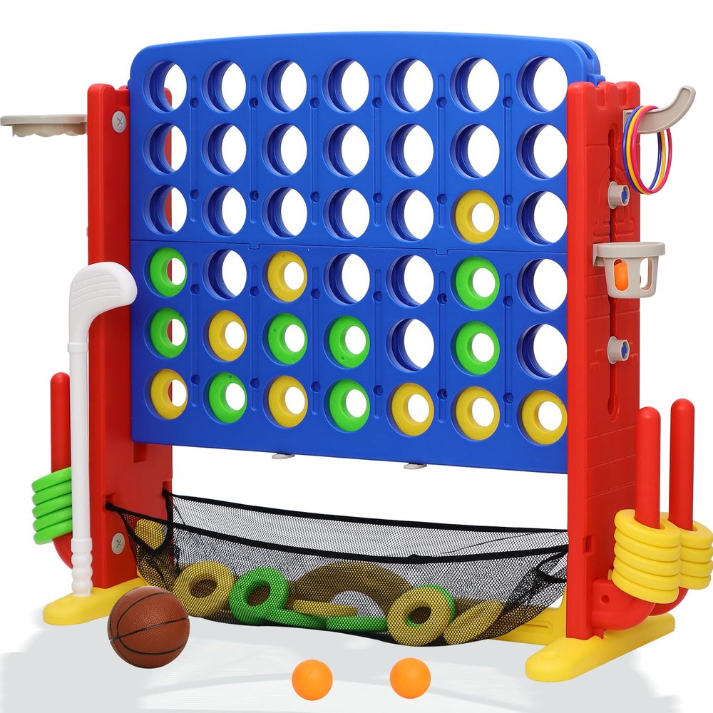 HAPPYMATY Giant 4-in-A Row Connect Game Set, Height Adjust Jumbo Yard Game for Kids & Adults w/Mesh Catching Bag, Basketball Hoop, Ring Toss & Mini Golf, Family Party 4-to-Score Indoor/Outdoor Games