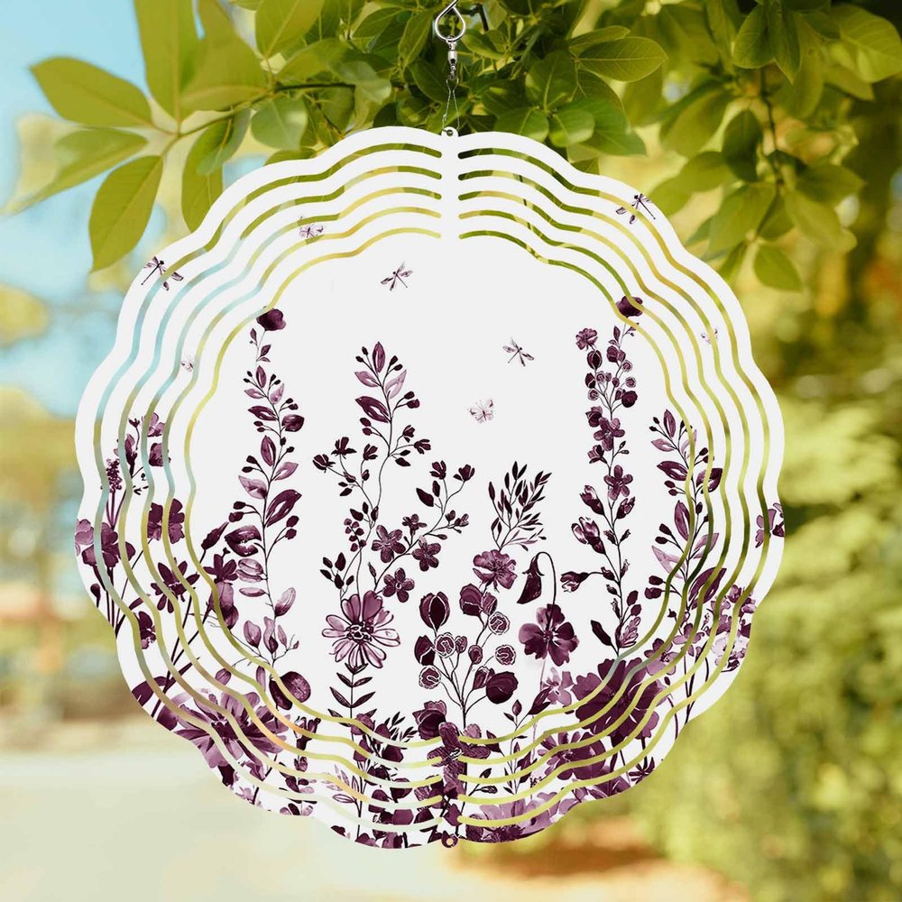 Farm Flower Leaf Dark Red Ink Style Round Wind Spinner 10", 3D Stainless Steel Wind Spinners for Yard and Garden Still Life Indoor Outdoor Metal Hanging Craft Ornaments for Porch Lawn