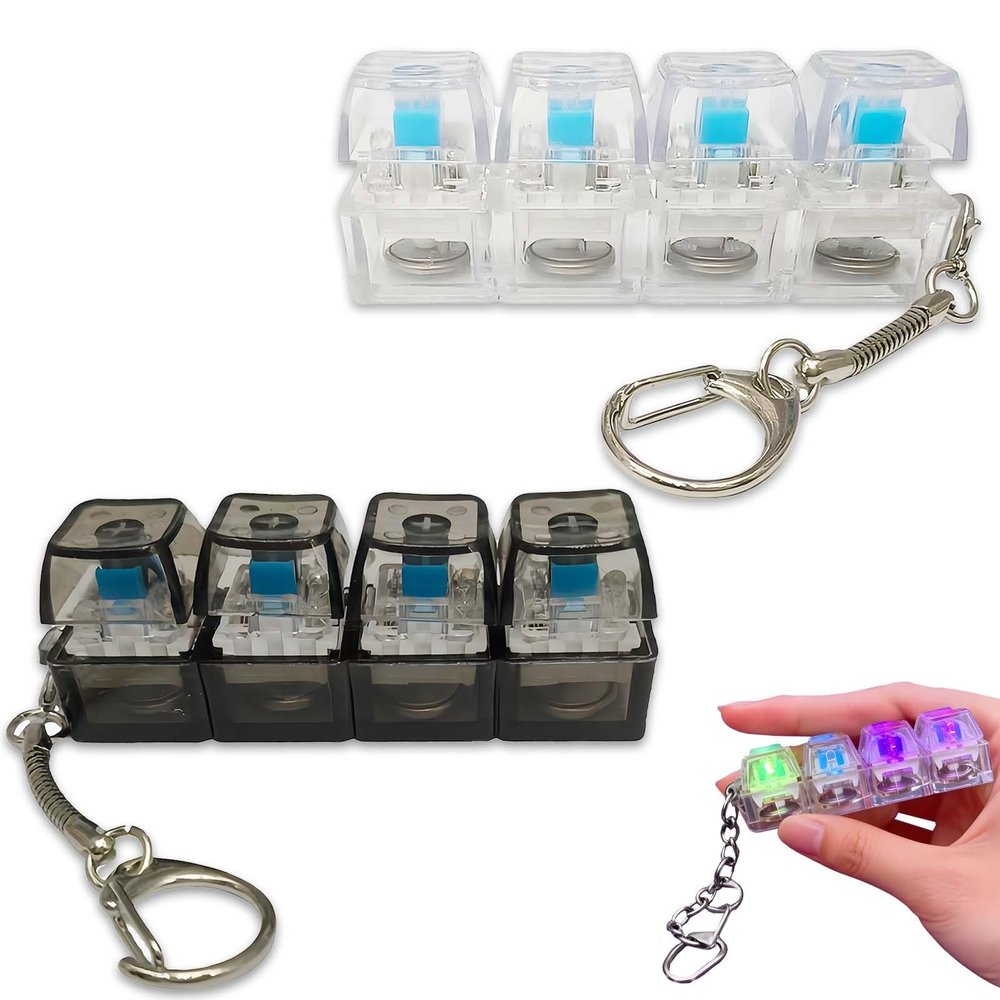 2 Pieces Keyboard Fidget Toy with Light - Mechanical Key Button, Finger Clicker Keychain for Stress Relief and Pass Time, Ideal for Adults, Sensory Decompression Gifts